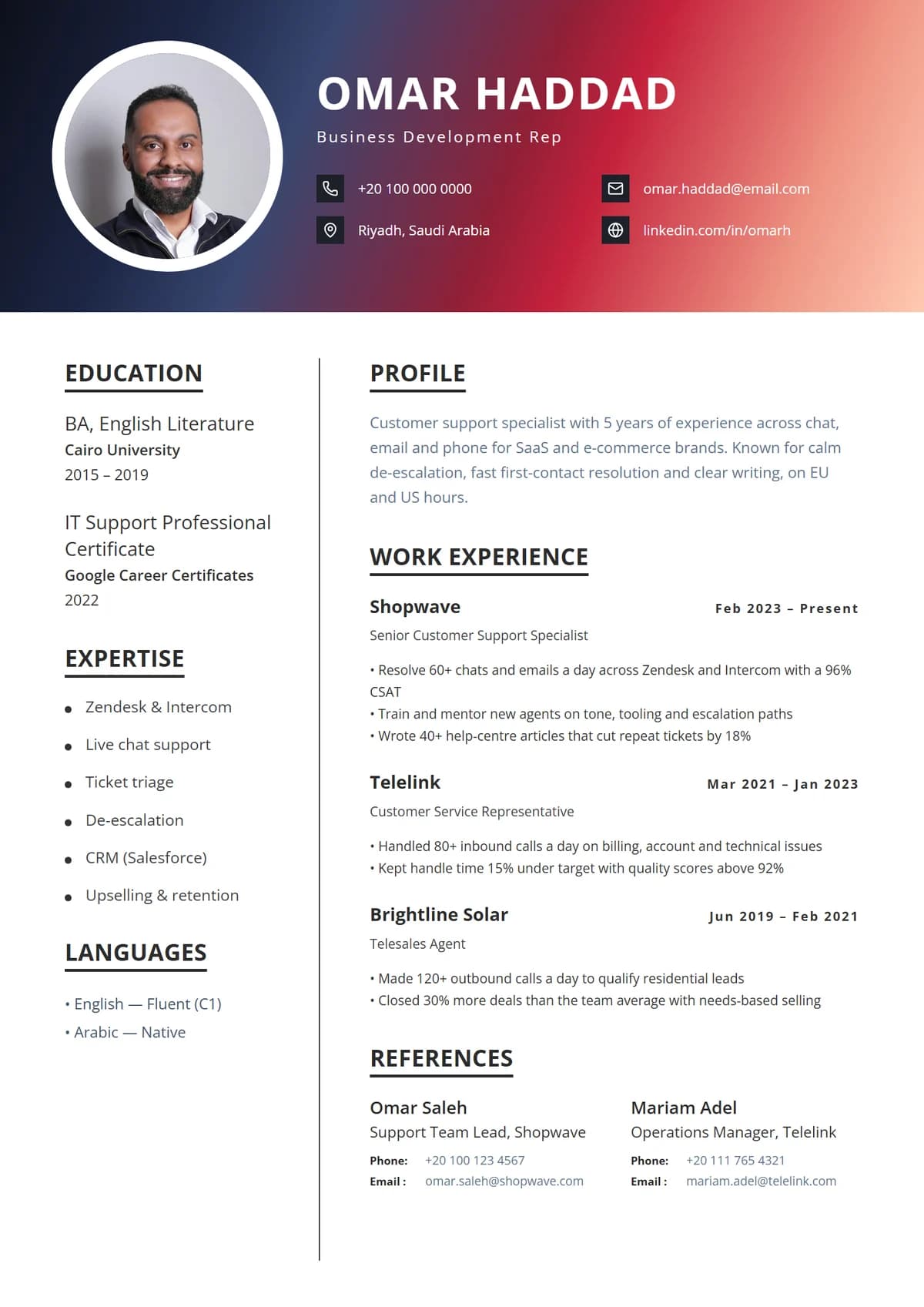 Aurora Header resume template: sweeping navy-to-crimson header, ringed photo