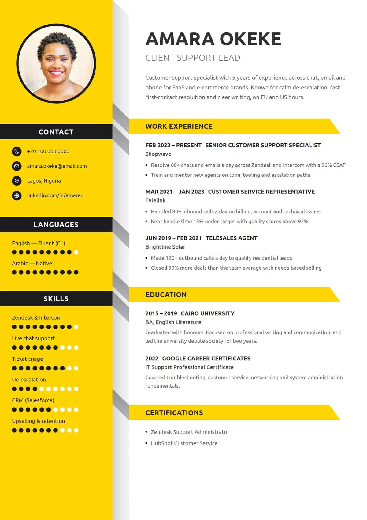 Beacon Ribbon resume template: yellow sidebar, folded tabs, arrow headings