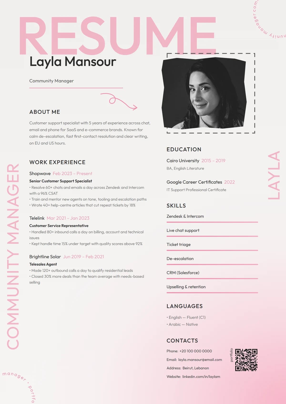 Blush Studio resume template: soft pink wash, oversized title, taped-in photo