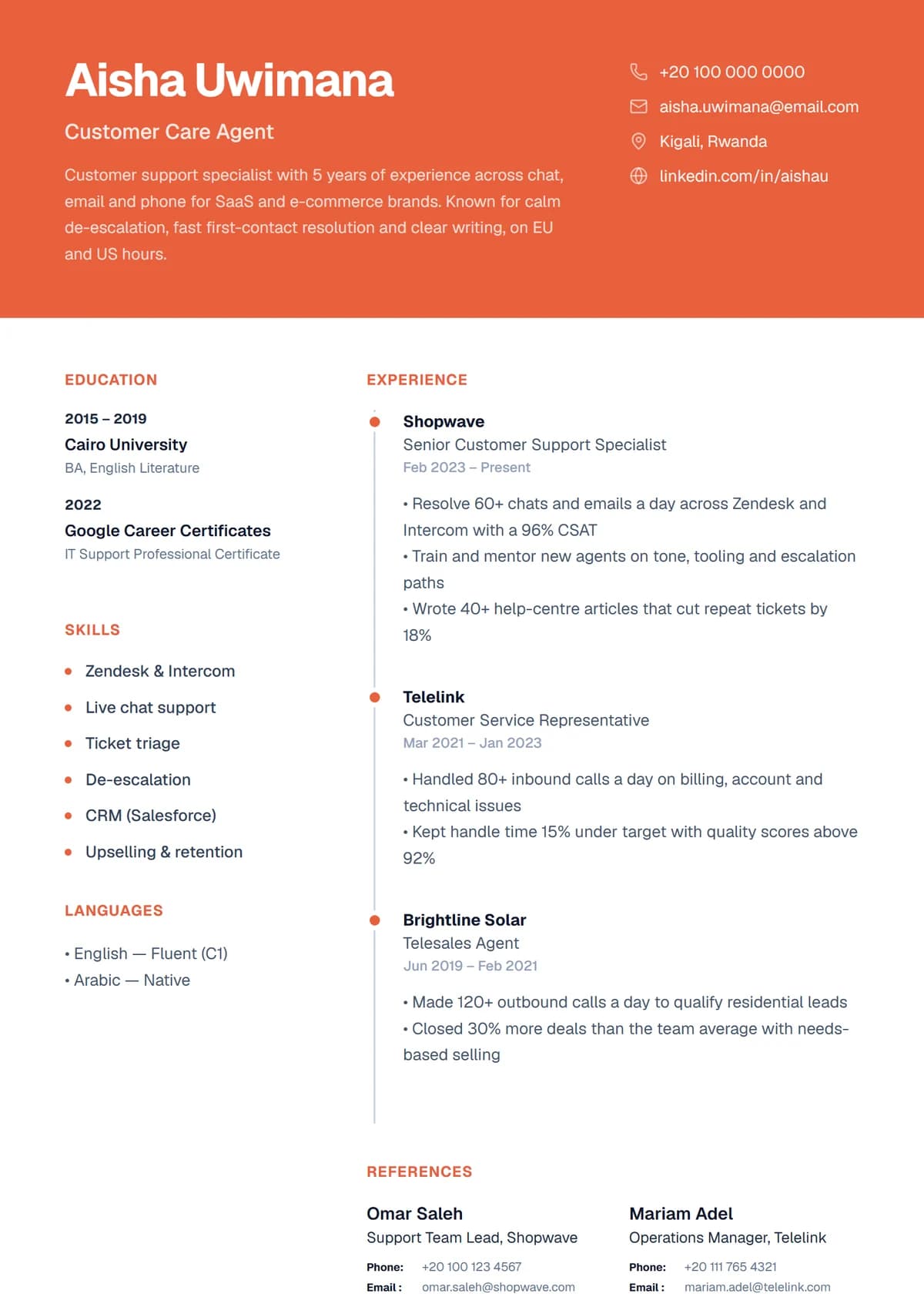 Bold Header resume template: colour band with your name