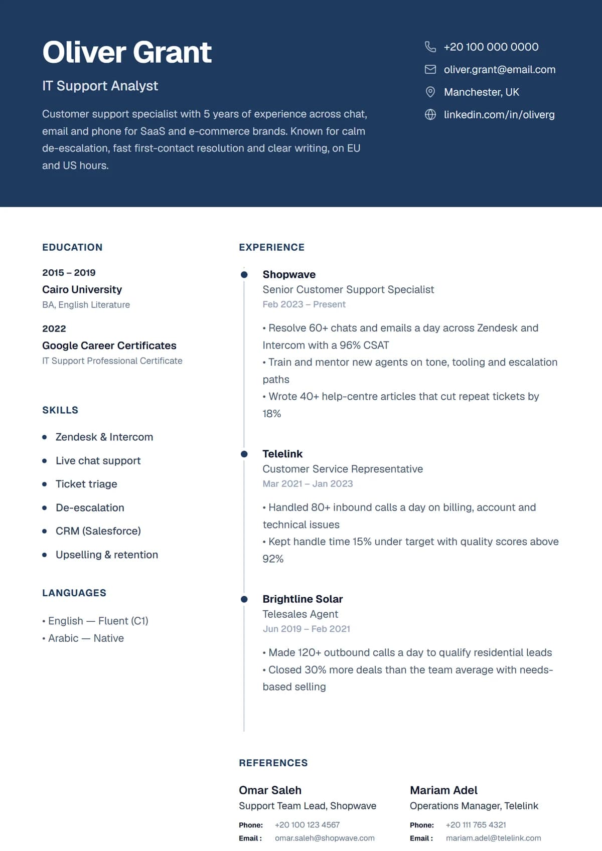Bold Navy resume template: confident, corporate