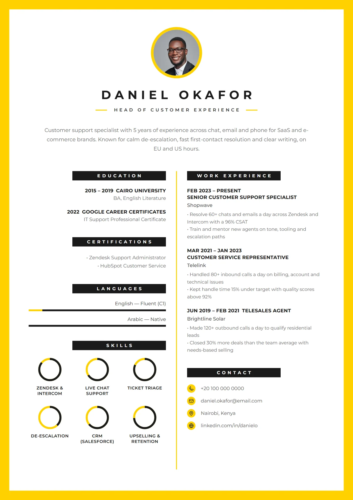 Canary Frame resume template: yellow border, centred cv mark, skill rings