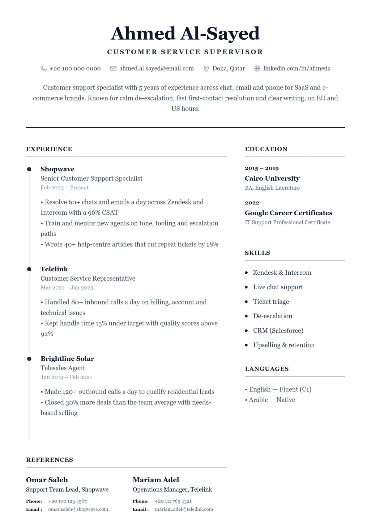 Classic Professional resume template: centred header, traditional