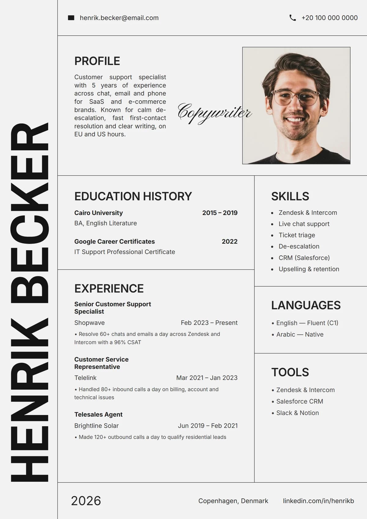 Column Editorial resume template: vertical name, script title, boxed grid