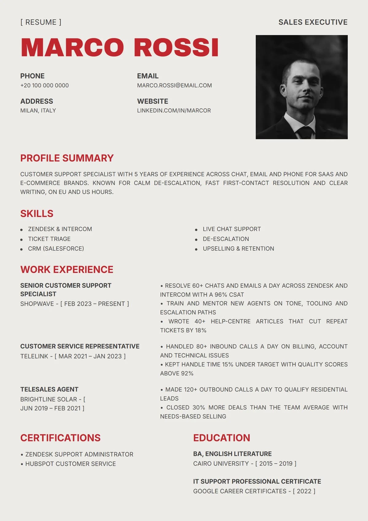 Crimson Bold resume template: giant red name, square portrait, editorial caps