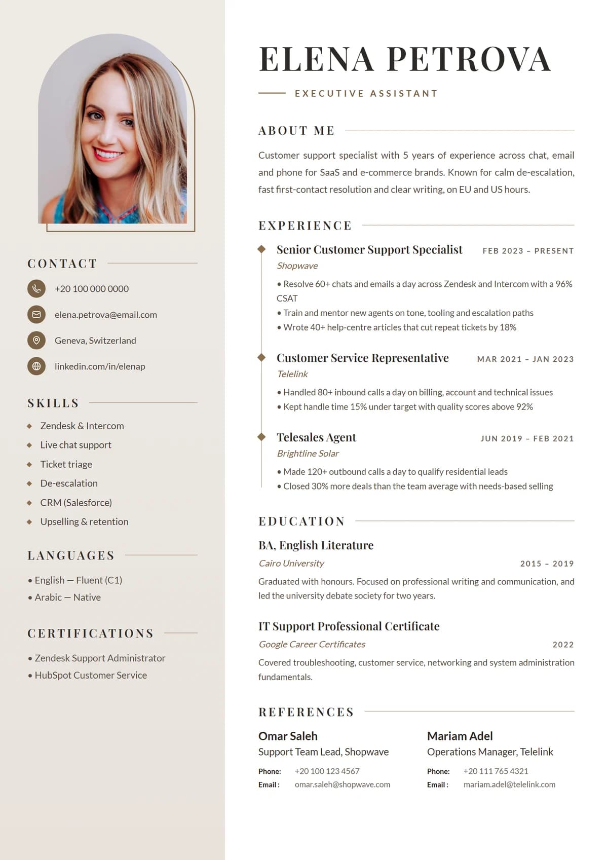 Elegant Portrait resume template: photo-led, warm and refined