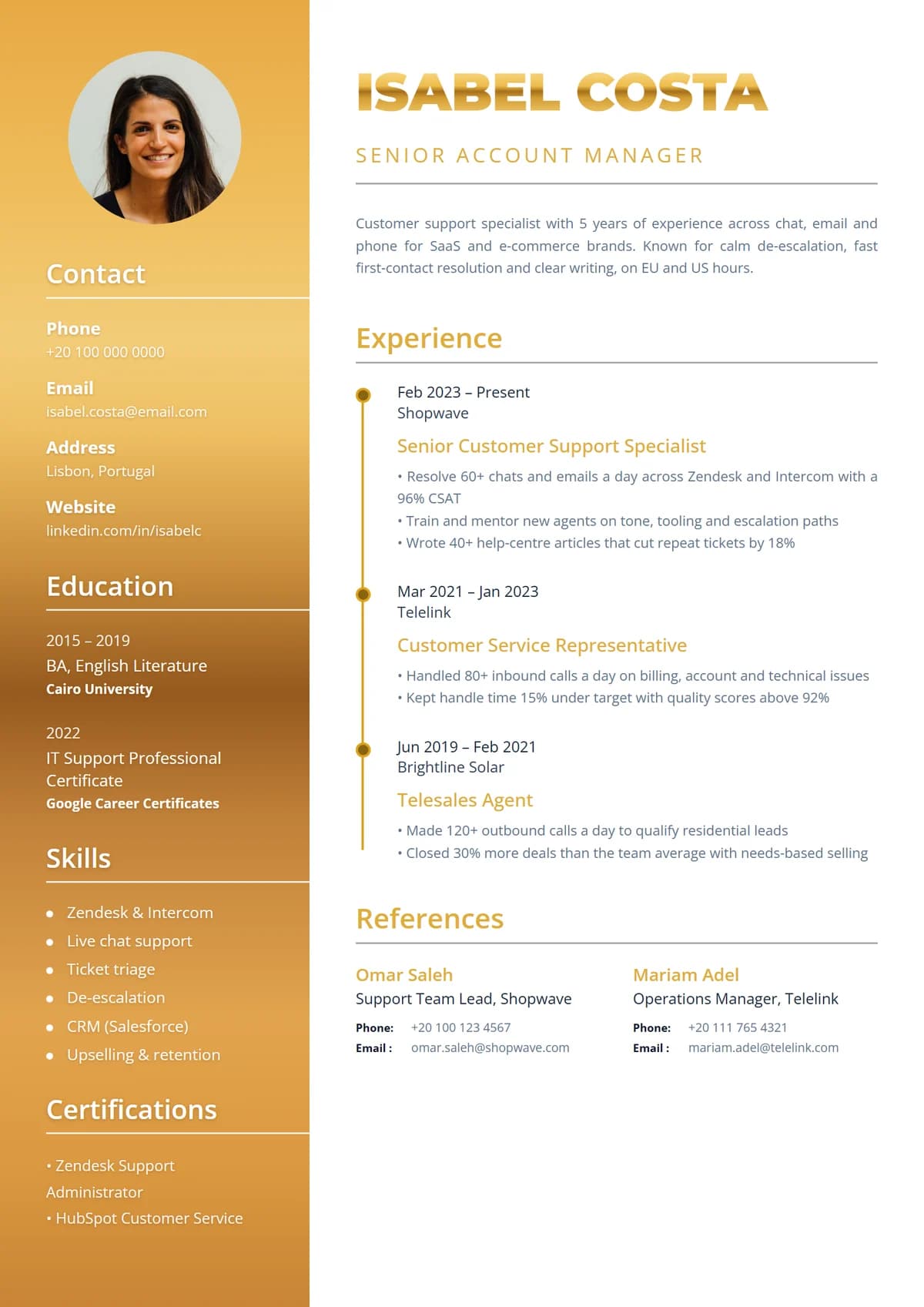 Gilded Gold resume template: polished gold sidebar, metallic name, gold timeline