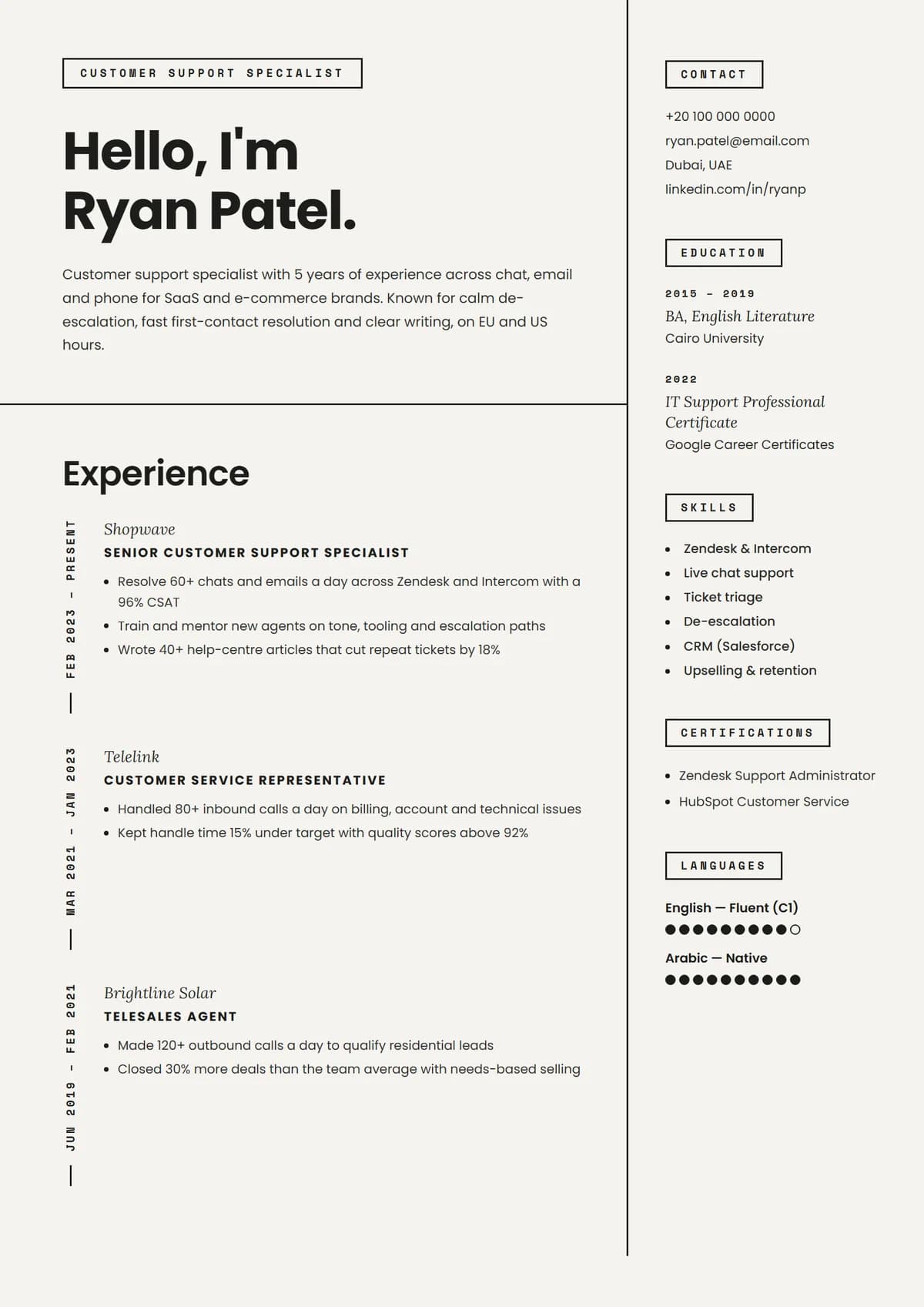 Hello Mono resume template: friendly intro, typewriter labels, date rail