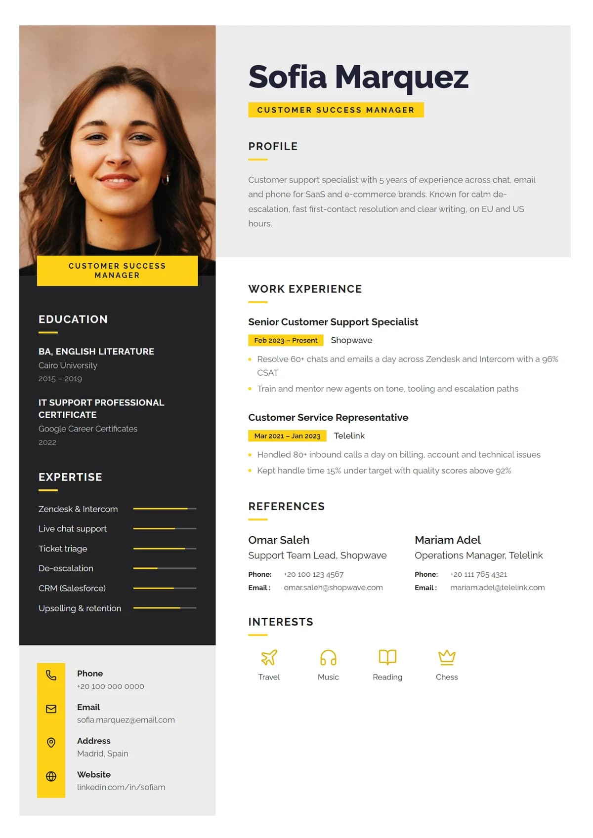 Honey Studio resume template: charcoal portrait panel, yellow tags, skill meters