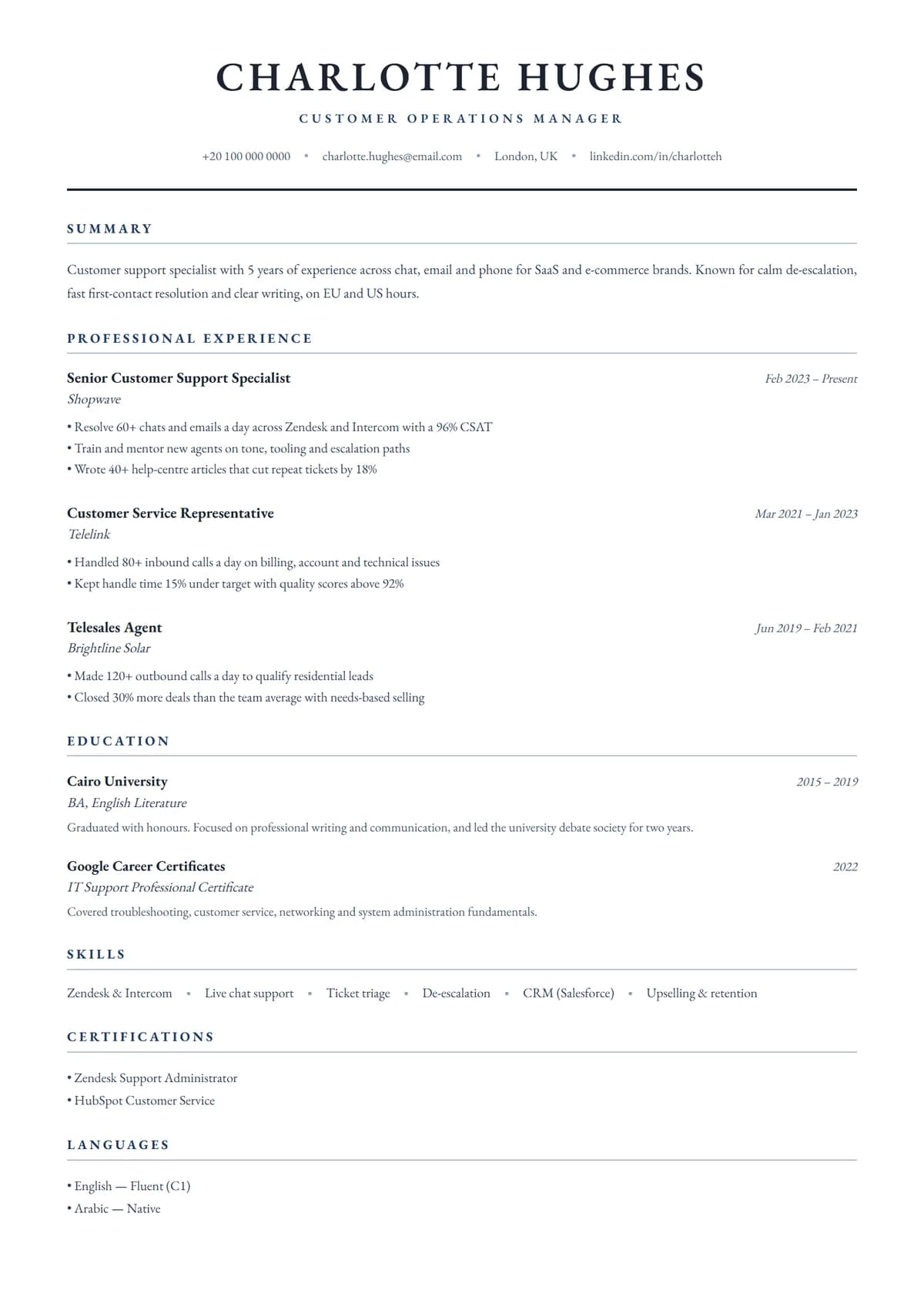 Ivy Classic resume template: refined single column, serif, ats-friendly