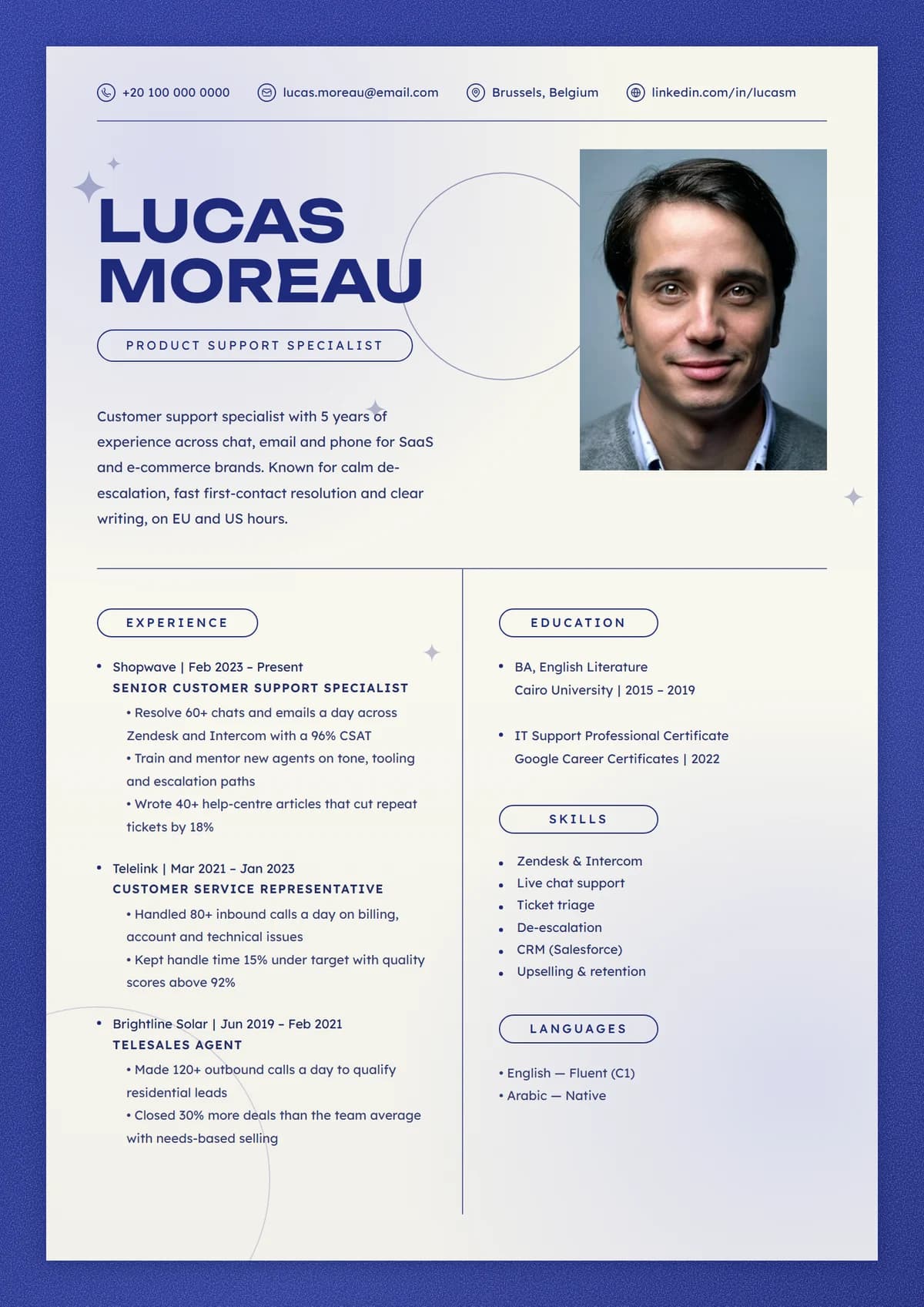 Lumen Frame resume template: cobalt frame, wide name, pill headings