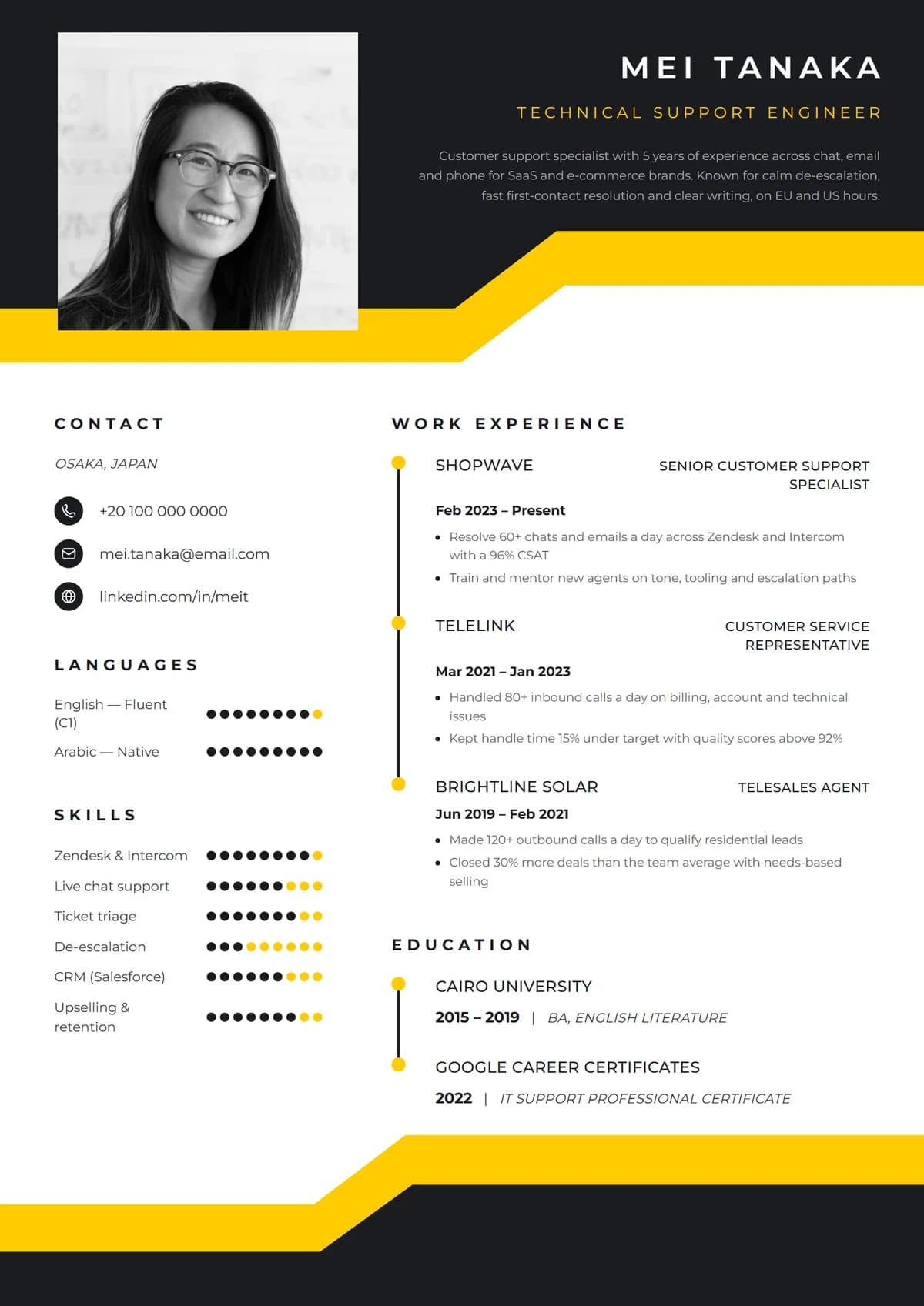 Marquee Band resume template: black header, angled yellow band, rating dots