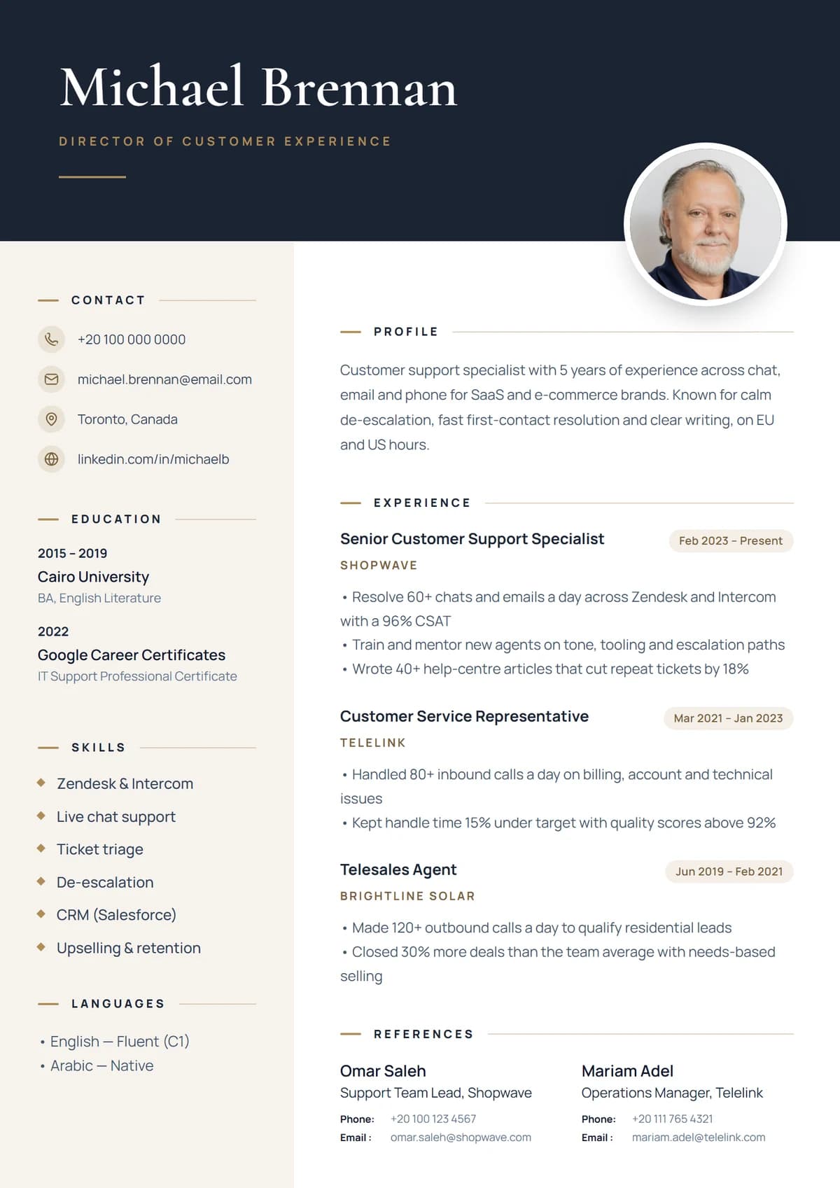 Monarch Executive resume template: navy and antique gold, editorial and confident