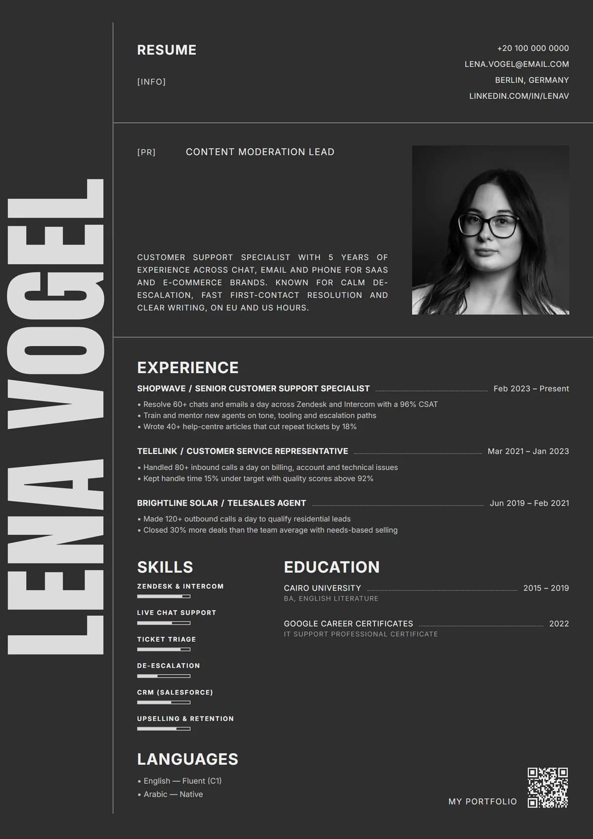 Noir Vertical resume template: charcoal page, giant vertical name, ruled grid