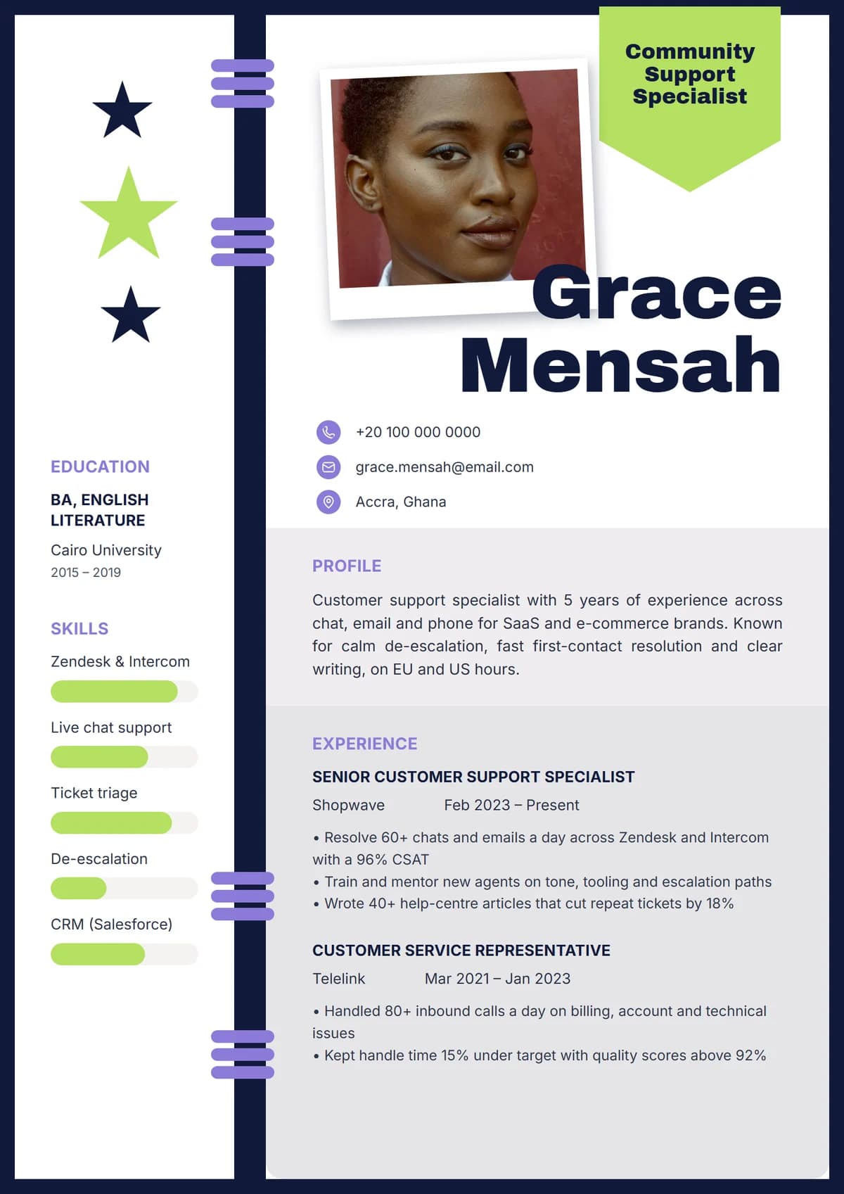 Pop Binder resume template: navy board, lime ribbon, polaroid photo