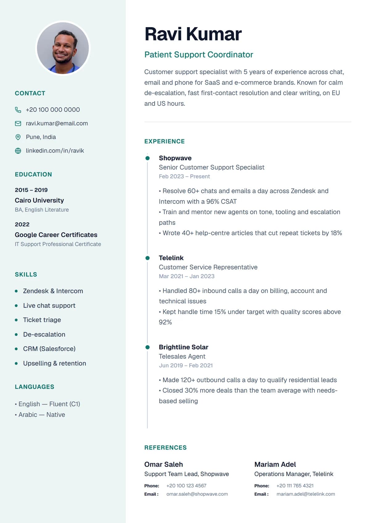 Sidebar Emerald resume template: calm side panel layout