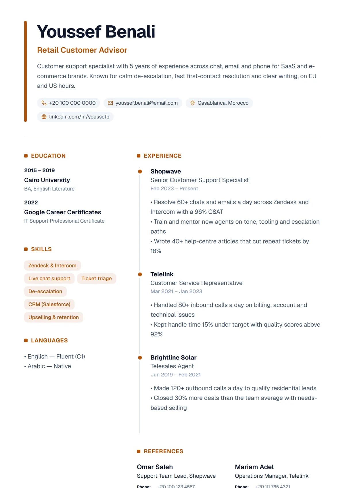 Skills Amber resume template: warm, skills-first