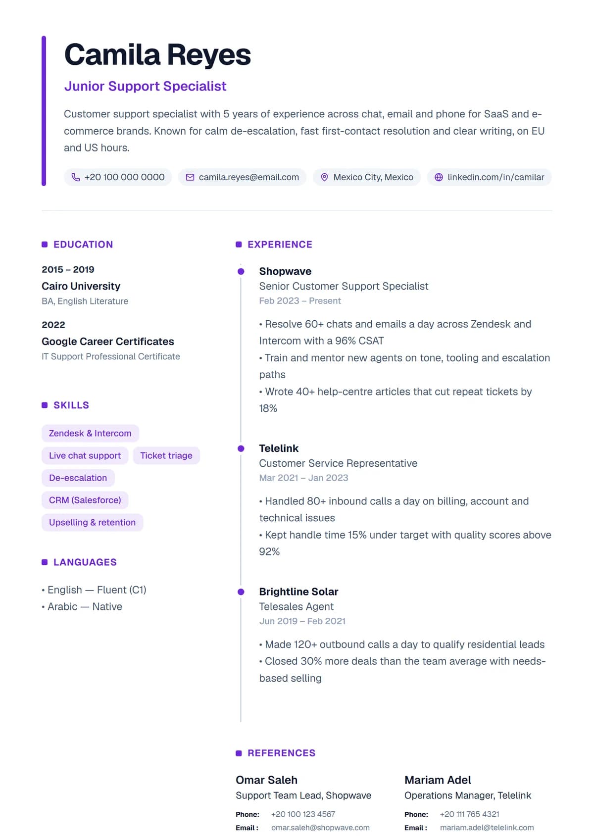 Skills Focus resume template: skills up front as tags