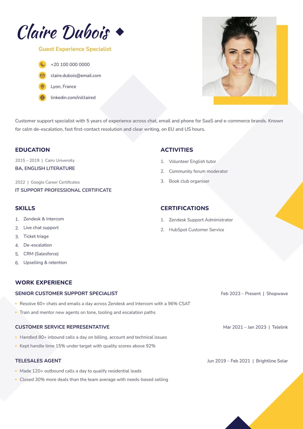 Soleil Script resume template: script name, offset photo, sunlit corners