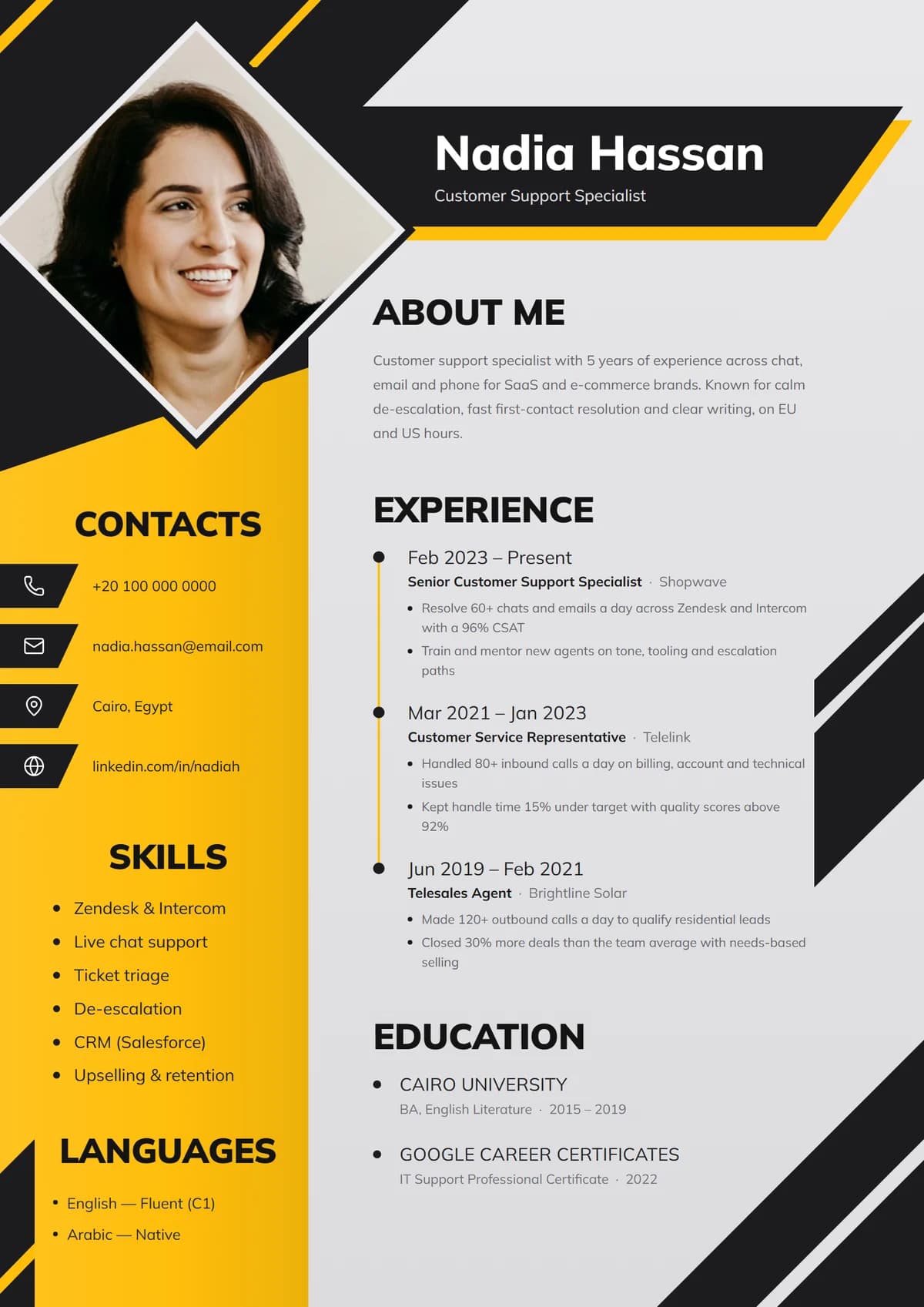 Volt Diamond resume template: diamond portrait, hazard stripes, amber side panel