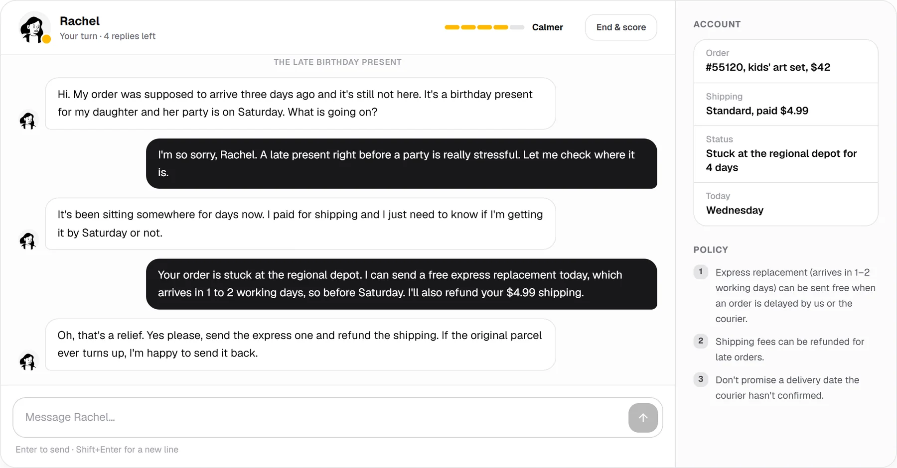 A chat with Rachel: the agent apologises, checks the order and offers a free express replacement before Saturday; Rachel calms down