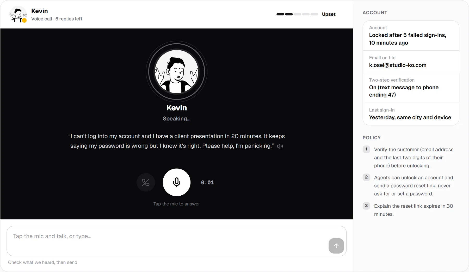 A voice call with Kevin: his avatar, what he just said, a large microphone button and a hang-up button