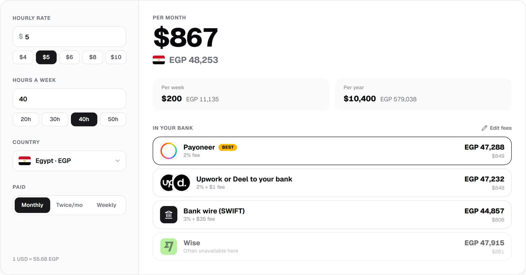 The pay calculator for Egypt at $5 an hour: $867 a month, EGP 48,253, and Payoneer keeping the most of the options open to residents